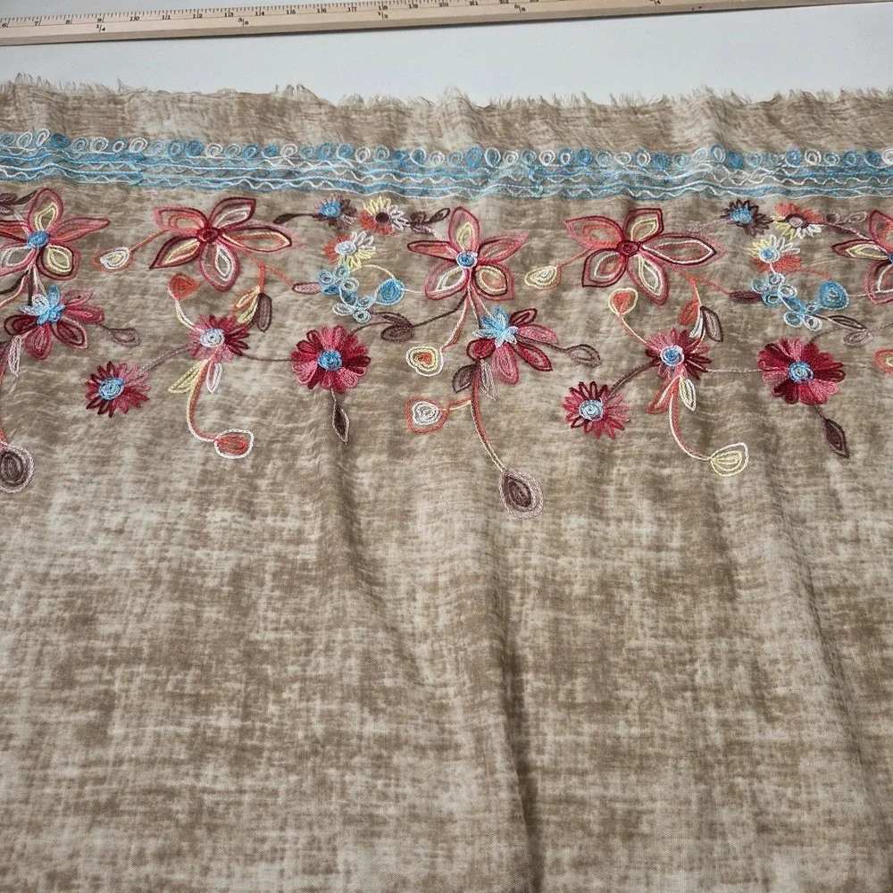 29 Palm Boho Embroidered Floral Scarf‎ Brown Indie Fringe Hippie Festival Wrap